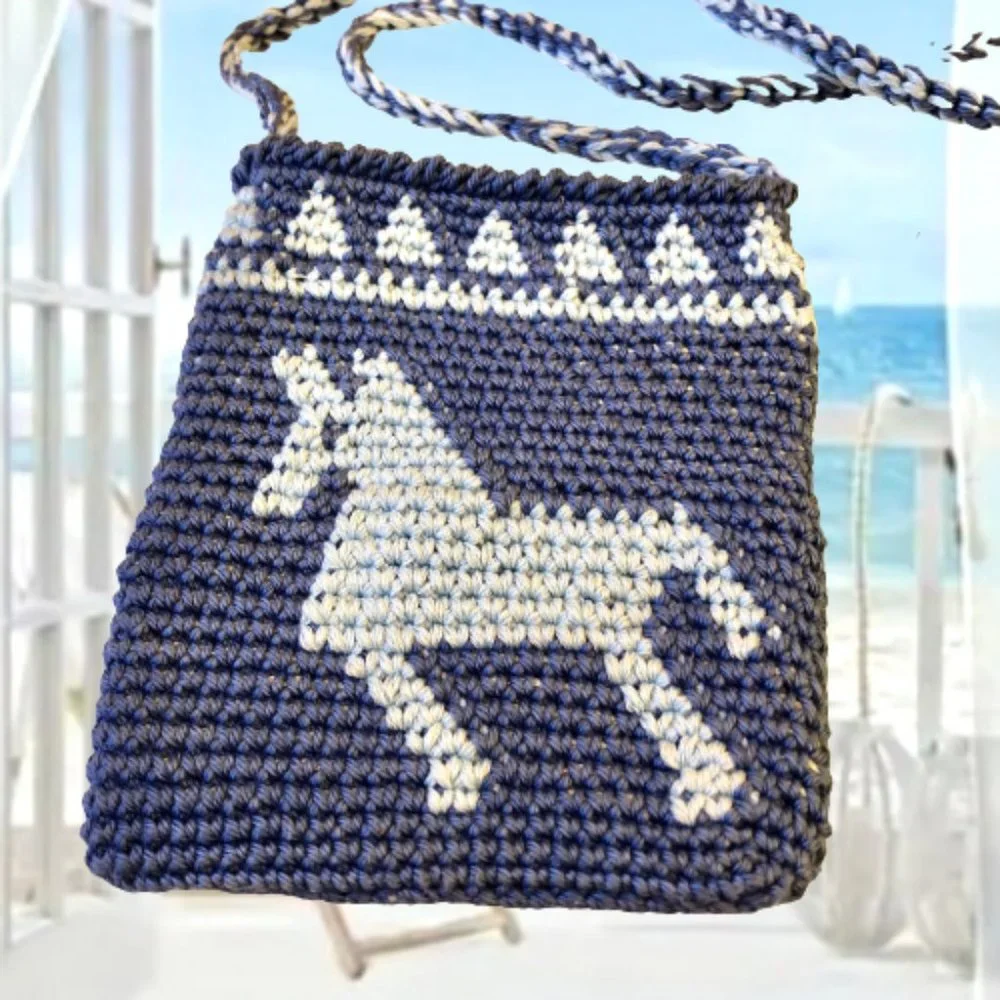 Little Girls Knit Shouder Crossbody Bag Purse Blue Llama Horse Double Sided